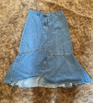 Y2K Asymmetrical Patchwork Denim Mermaid Flared Midi Skirt Medium Wash Boho Chic thumbnail 1