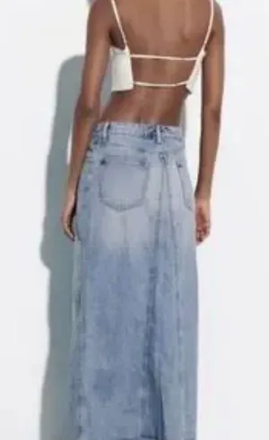 Zara TRF Crossover Long Denim Split Front Rough Hem Maxi Skirt Size Small. thumbnail 2
