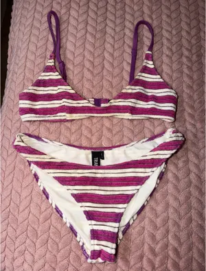 Triangl Purple and White Striped Scoop Terry Bikini Set thumbnail 1