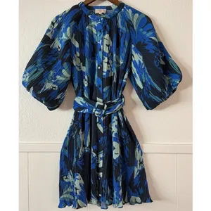 Ciebon XS Blue Pleated Floral Belted Mini Dress Balloon Sleeve Button Front thumbnail 2