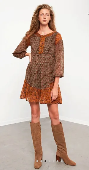 Pull&Bear Paisley Boho Babydoll Tiered Dress XL Brown Orange Peasant Cottagecore thumbnail 1