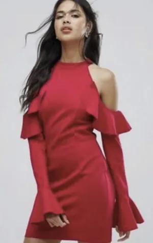 Free People Raspberry Cold Shoulder Ruffle Mini Dress - Size - Medium - NWT thumbnail 1