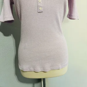LOFT Women Lilac‎ Y2K Textured Waffle Scoopneck Pointelle Ruffle Henley Top Sz L thumbnail 4