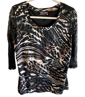 Tango Mango Black Patterned 3/4 Sleeve Lace Back Sheer Sleeves Blouse‎ Size L thumbnail 1
