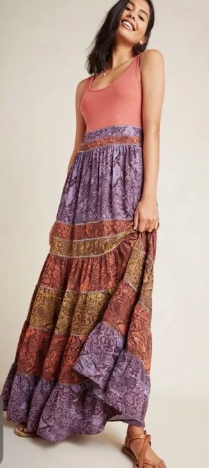 Anthropologie Colima maxi dress snakeskin print burnt orange purple tiered S thumbnail 1