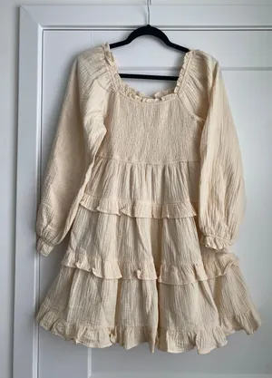 &merci taupe brown Puff Sleeve Babydoll ruffled Mini Dress sz S thumbnail 5