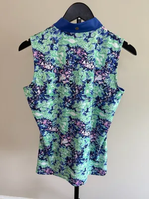 EP‎ New York Women's Sleeveless Mock Neck Floral Bluebell Golf Polo- M thumbnail 2