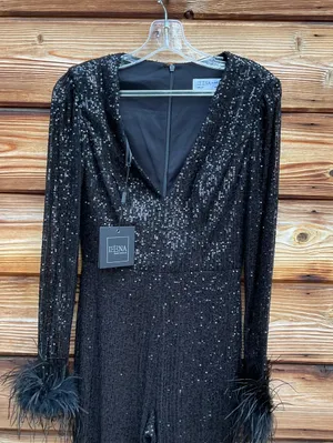 Mac Duggal Black XS Sequin Feather Trim Flare Leg V Neck Pants Jumpsuit thumbnail 6
