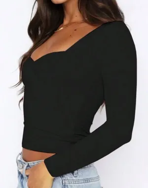 Women Sweetheart Neck Long Sleeve Fitted T-Shirt thumbnail 2