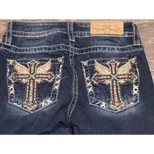 Miss Me Mid-Rise Bootcut Jeans Dark Wash Embellished Cross Wings Y2K BKE 25x28 thumbnail 2
