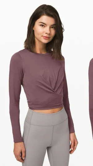 Lululemon Time‎ to Restore Long Sleeve Tie Cropped Top Antique Bark Purple thumbnail 1