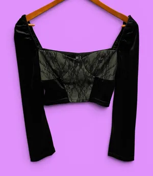 Cute velvet olive lace panel long sleeve crop top whimsigoth festival Cider thumbnail 1