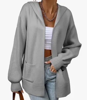 Astylish Womens Gray Hooded Cardigan Sweater Open Front Knit Pocket sze M thumbnail 1