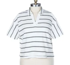 Thread & Supply Stripe Terry Popover Shirt Plus Size‎ White Black V-Neck 1X 1XL thumbnail 1