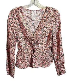 Sadie & Sage Peplum Top Womens Medium Pink Floral Twist Front Prairie Dainty‎ thumbnail 1