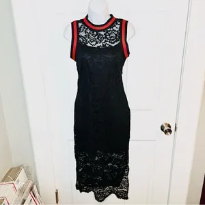 BAKU Fitted Black Lace Midi Dress Red Stripe Trim S thumbnail 3