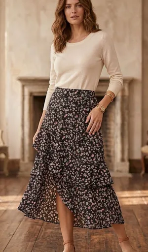 BTFBM Floral Tiered Asymmetrical Midi Skirt | Size XL thumbnail 1