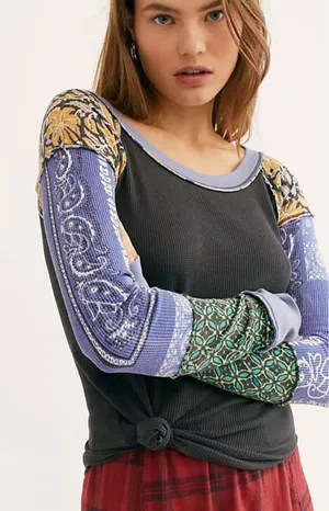 We The Free People Bright Side Patchwork Thermal Top Small Bandana Boho Blue thumbnail 1