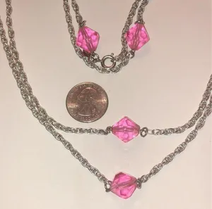 Sarah Coventry Vintage Silver Tone Pink & Blue Beaded Boho Necklace thumbnail 2