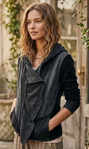 Free People Black Lace Hooded Ruffle Jacket Snap Button Women's Size Extra Small thumbnail 1