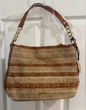 Jessica Simpson Tan Straw and Leather Studded Shoulder Bag thumbnail 1