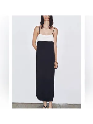 Zara Black and White Slip Maxi Dress with Spaghetti Straps thumbnail 2