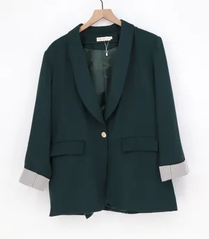 Genhoo Blazer Womens XL Dark Green Striped Cuff Shawl Collar Stretch Excellent thumbnail 1