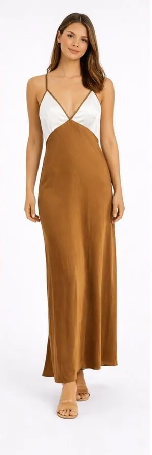 Abercrombie & Fitch‎ Brown Cream Colorblock Satin Maxi Slip Dress MT Tall thumbnail 1