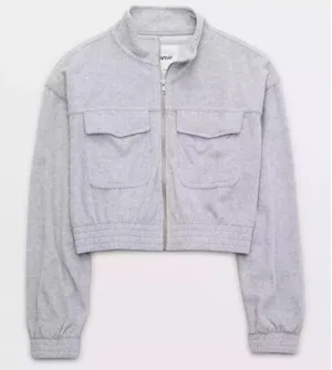 NWT Aerie Groove-On Velour Cropped Full Zip Ribbed Sweatshirt Jacket XS Grey thumbnail 1