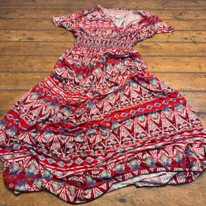 West Loop Red Tribal Print Smocked Waist V-Neck Maxi‎ Dress XL thumbnail 1