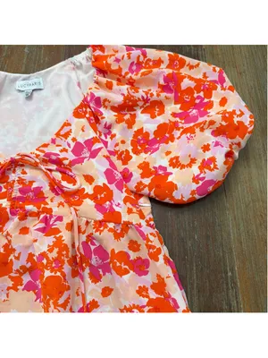 LUCY PARIS Pink & Orange Floral Puff Sleeve Toulouse Tie Babydoll Mini Dress S thumbnail 4