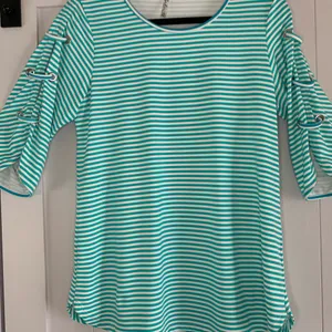 Lulu B Small Aqua Stripe UPF Top Lace Sleeve Coastal Beach Resort Cruise thumbnail 5