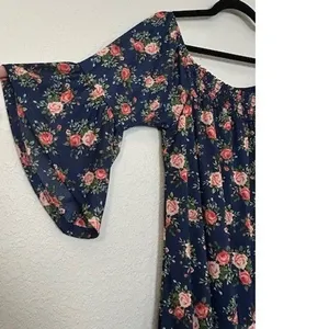 Anthropologie NAÏF Blue Floral Dress L‎ Off Shoulder Bell Sleeve Cottagecore thumbnail 2