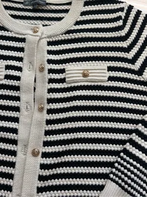 Adrianna Papell Black Ivory Striped Gold Button Cardigan Large thumbnail 2