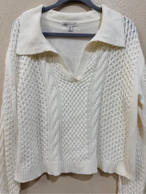 CATO Fashions Cream Cable Knit Polo Sweater Top Womens Medium Open V-Neck NWOT thumbnail 8