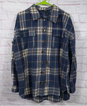 J.NNA Women’s Plaid Shacket Jacket Size Large Blue Brown Button Front thumbnail 1