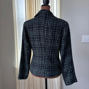 Y2K Tweed Blazer S Blue Plaid Floral Lapel Rosette Office Siren Whimsy Rom Com thumbnail 2