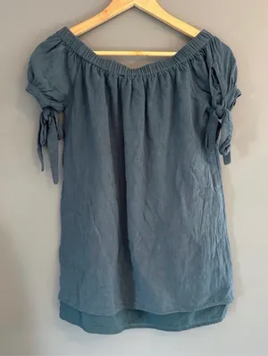 Lulus blue tie off the shoulder short sleeve blouse thumbnail 7