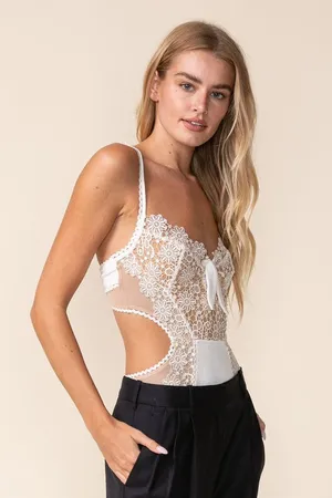Colorful Natalie (Skylar + Madison) White Floral Lace Bodysuit thumbnail 1