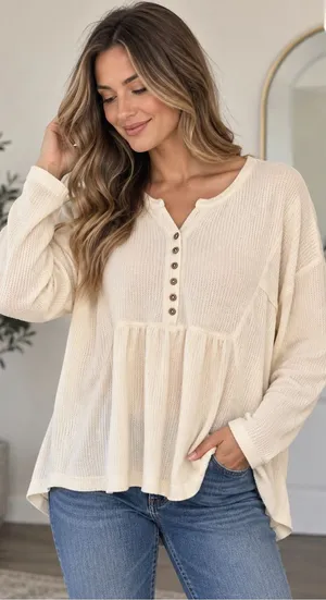 New In Cream Waffle Knit Babydoll Henley Top Size Large NWT thumbnail 1