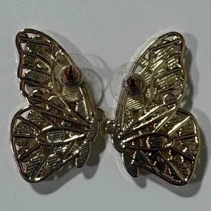 Gold Tone Butterfly Earrings Faux Pearl‎ Inlay Statement Fashion Jewelry thumbnail 4