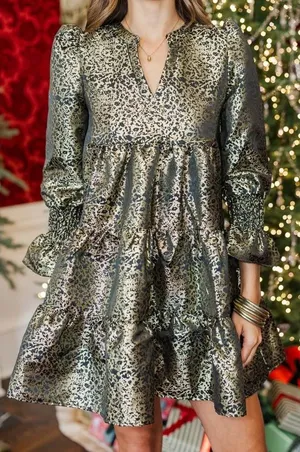 Shop The Mint‎ Gold Leopard Metallic Tiered Babydoll Mini Dress M MJD123-SLING thumbnail 1