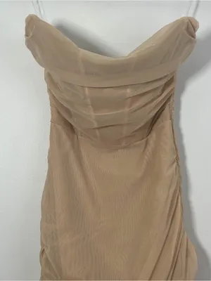 Oh Polly Nude Beige Ruched Mesh Bodycon Mini Dress Size US 4 NWT thumbnail 2