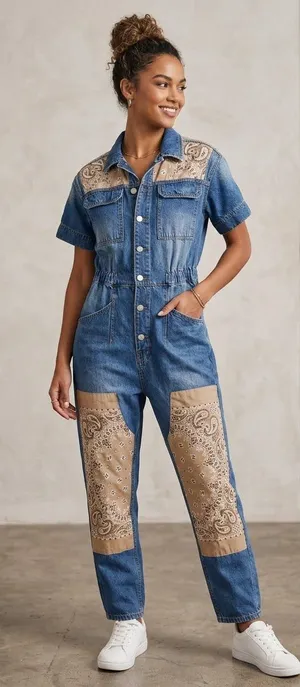 We The Free Blue Denim Short-Sleeve Jumpsuit with Tan Bandana Panels thumbnail 1