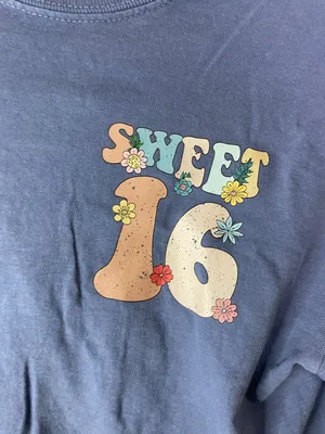 Comfort Colors Sweet 16 Graphic T-Shirt Medium Blue Floral Birthday 100% Cotton thumbnail 3