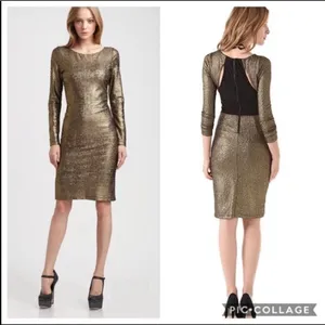 Alice and Olivia Gold Metallic Bodycon Midi Cocktail Party Dress thumbnail 2