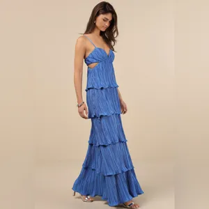LULU’S Kanya Blue Satin Plisse Tiered Maxi Dress thumbnail 4