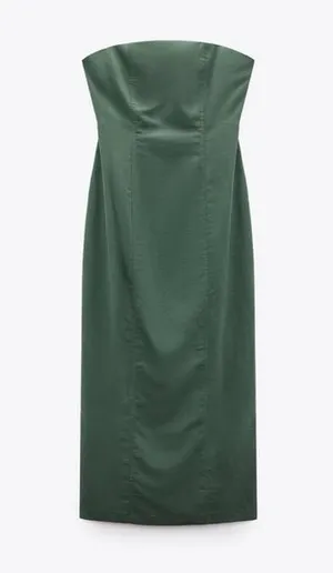 Zara green tube strapless midi linen blend dress thumbnail 1