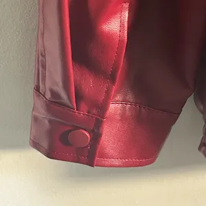Classic Red Vegan Leather Front Zip Oversized Bomber Style Jacket thumbnail 3