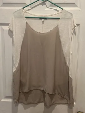 American Eagle Outfitters Women‎ L Colorblock Mixed Media High-Low Top Cream Tan thumbnail 1
